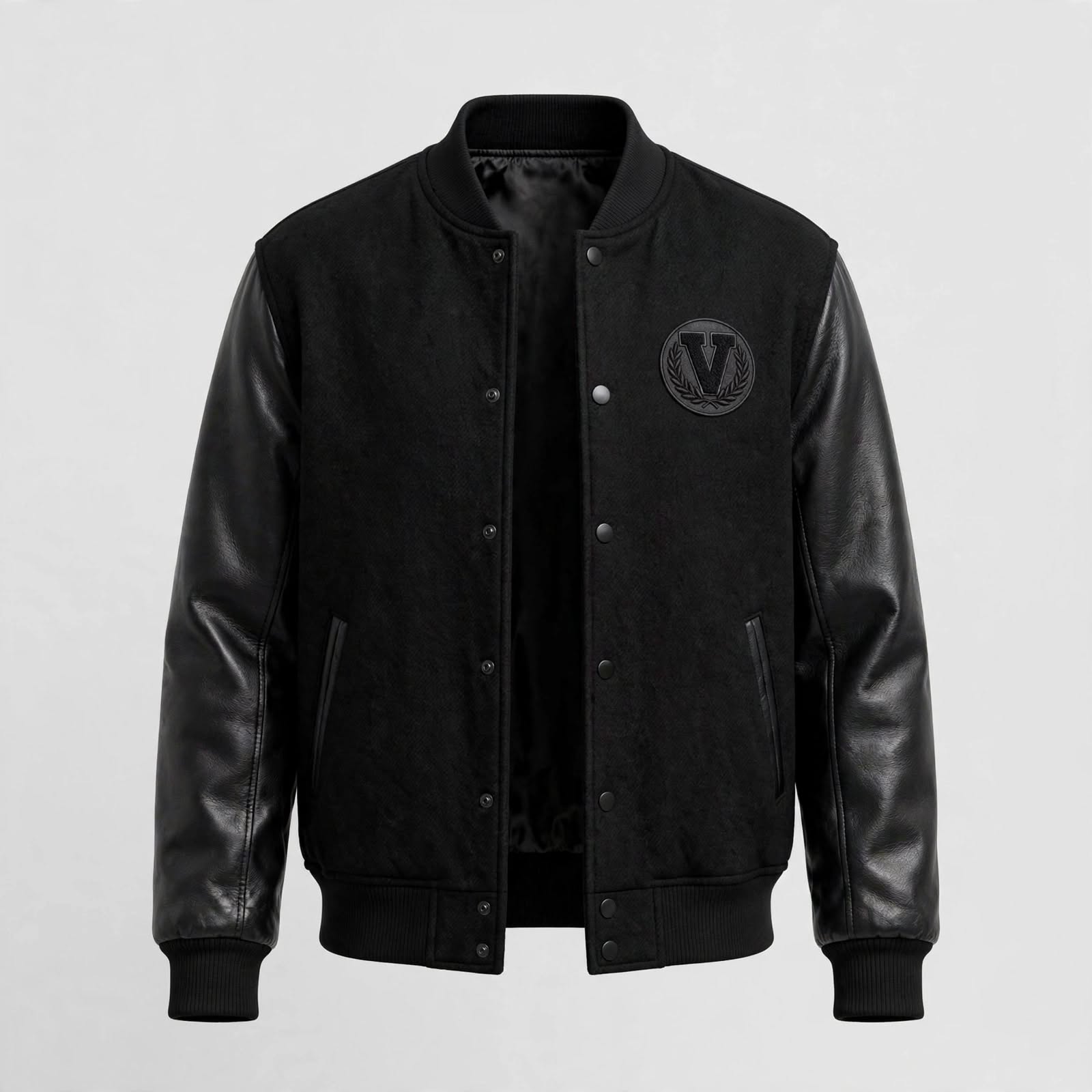 Custom Bomber Jacket - Black Varsity with Leather Sleeves
